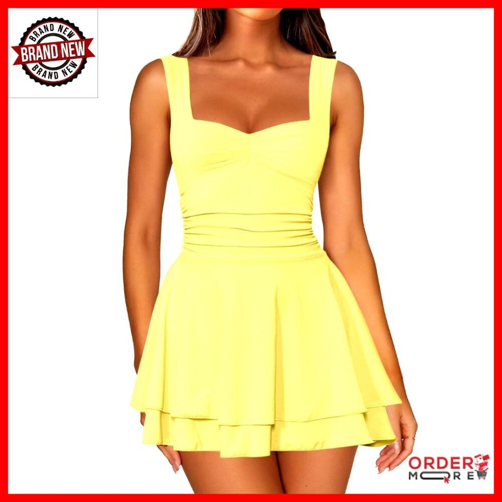 Square Neck Sleeveless Mini Dress Ruched Waist Tiered Ruffle Hem A Line - Picture 1 of 7